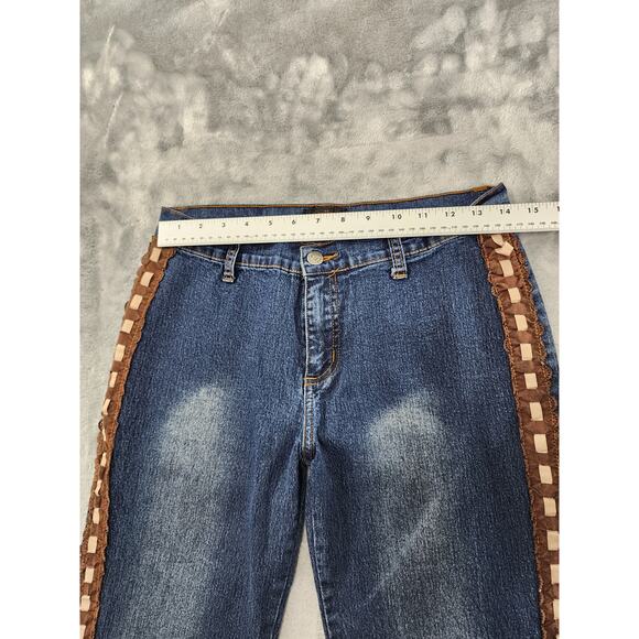 Vintage KUL USA Ribbon Lace Side Detail Mid Rise Flare Jeans Size 11 Blue Brown - Picture 10 of 14
